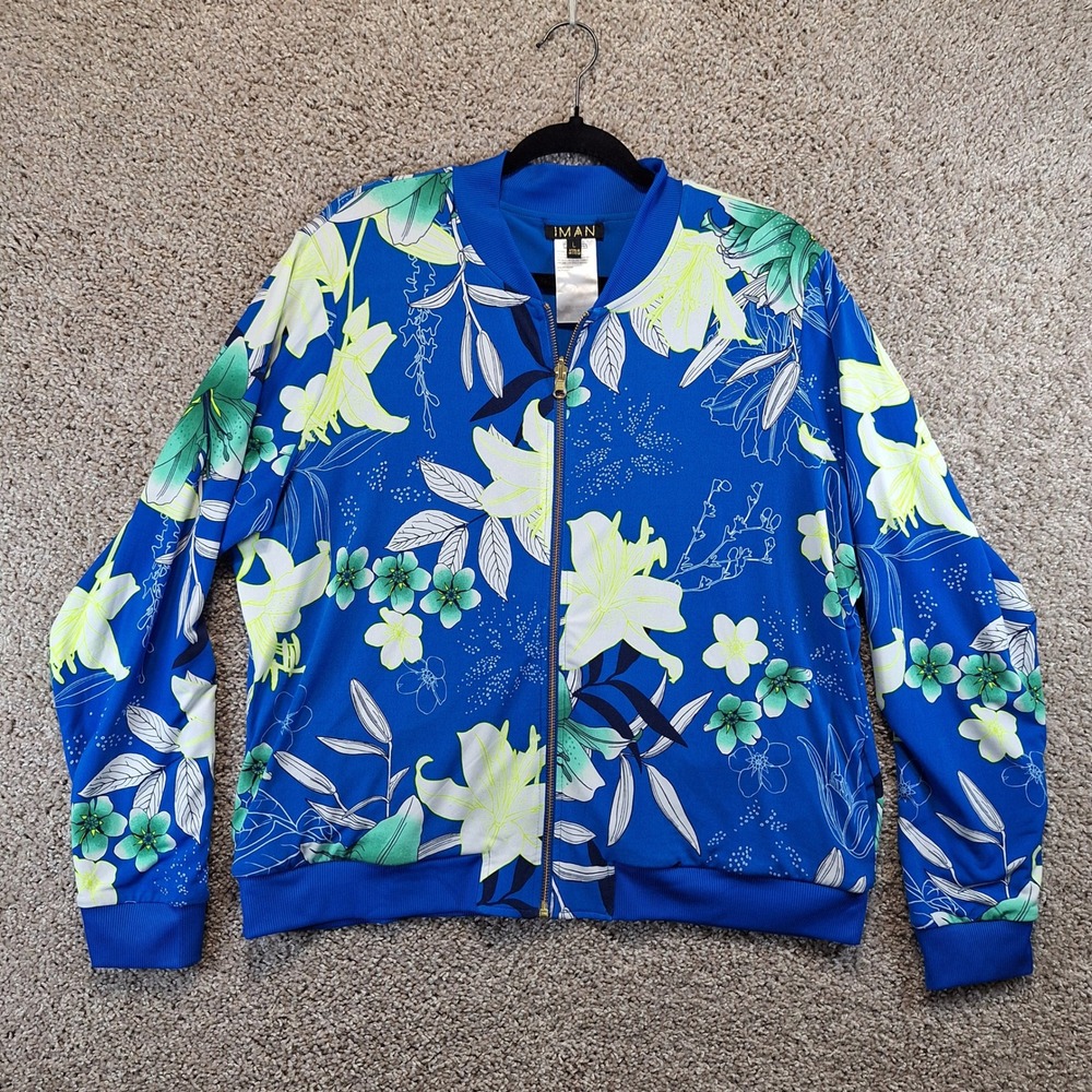 IMAN Bomber Jacket Womens L Blue Floral Full Zip Tropical Boho Chic